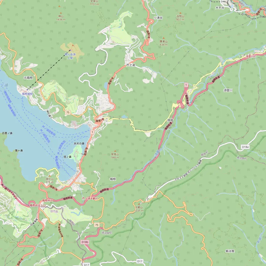 Map of the old Tokaido road in Hakone from Hatajuku past the Amazake Chaya teahouse to the cedar avenue by Lake Ashi