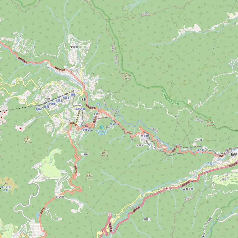Map of the Hakone Tozan Railway from Tonosawa via Ohiradai, Miyanoshita and Kowakidani to Gora, with Chisuji Falls, Hakone Gora Park and Sounzan