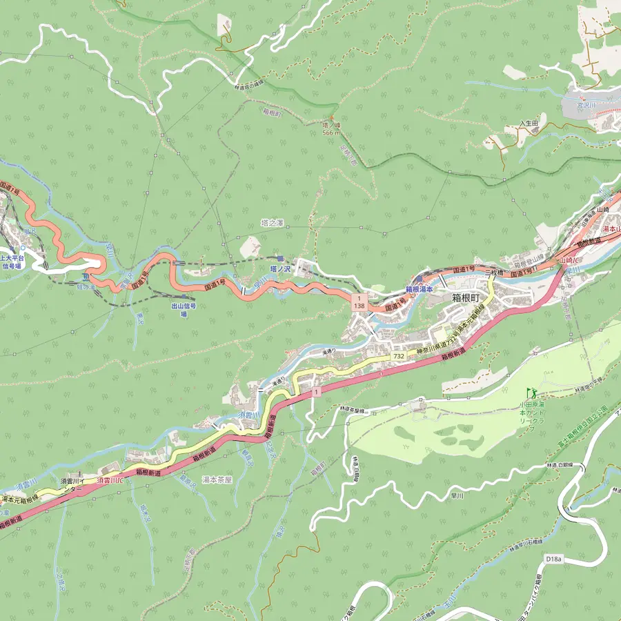 Map of Hakone-Yumoto with Sounji Temple, the Tenzan bathhouse and Amidaji Temple above Tonosawa